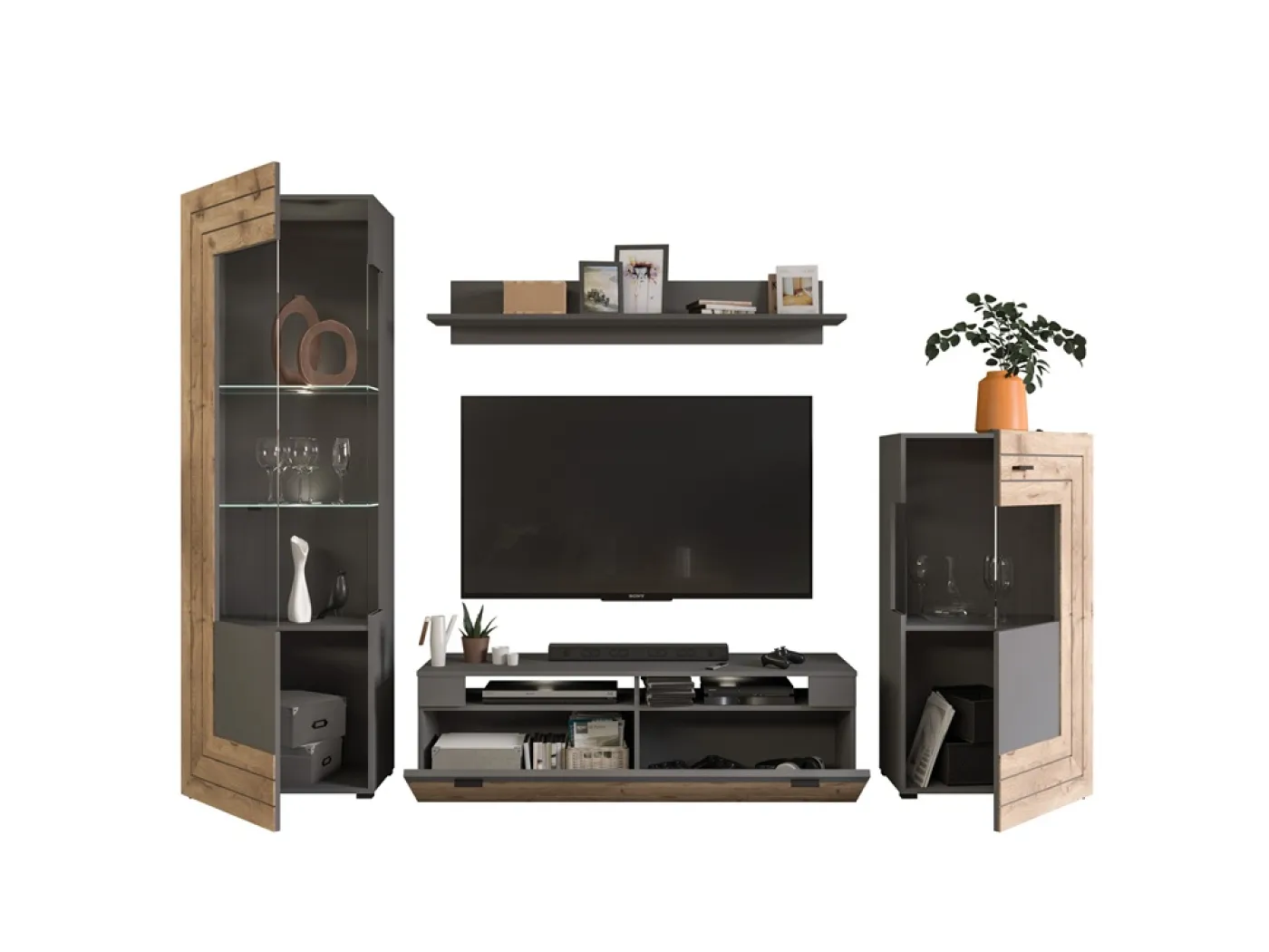 Wohnwand Freno | grau matt / Nox Oak | 4-teilig | LED Beleuchtung