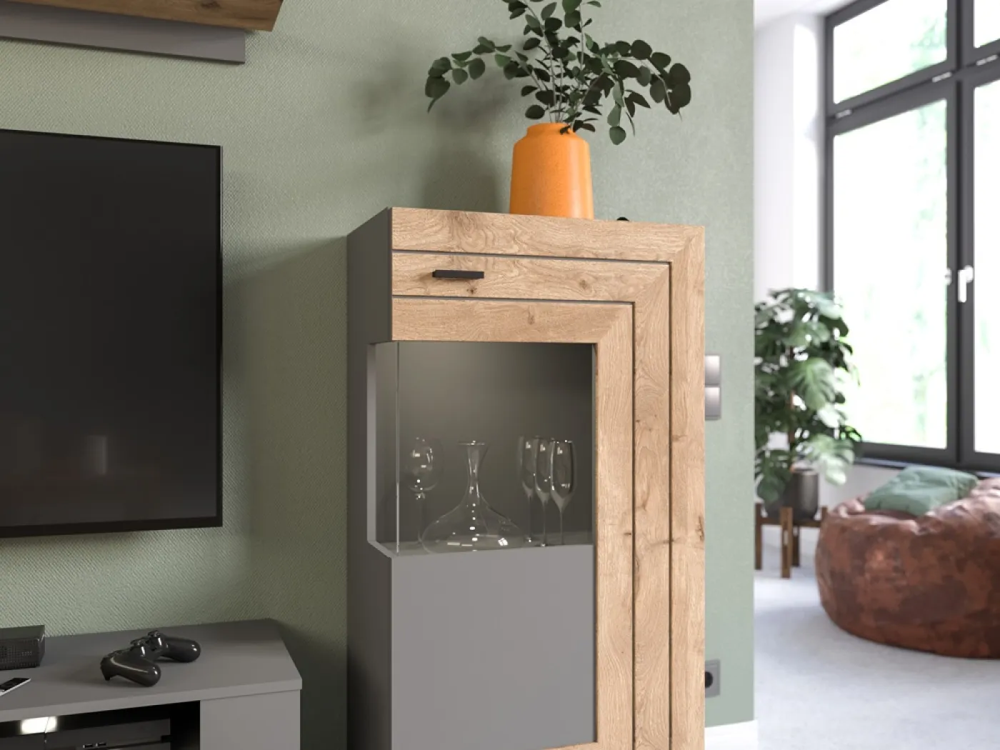 Wohnwand Freno | grau matt / Nox Oak | 4-teilig | LED Beleuchtung