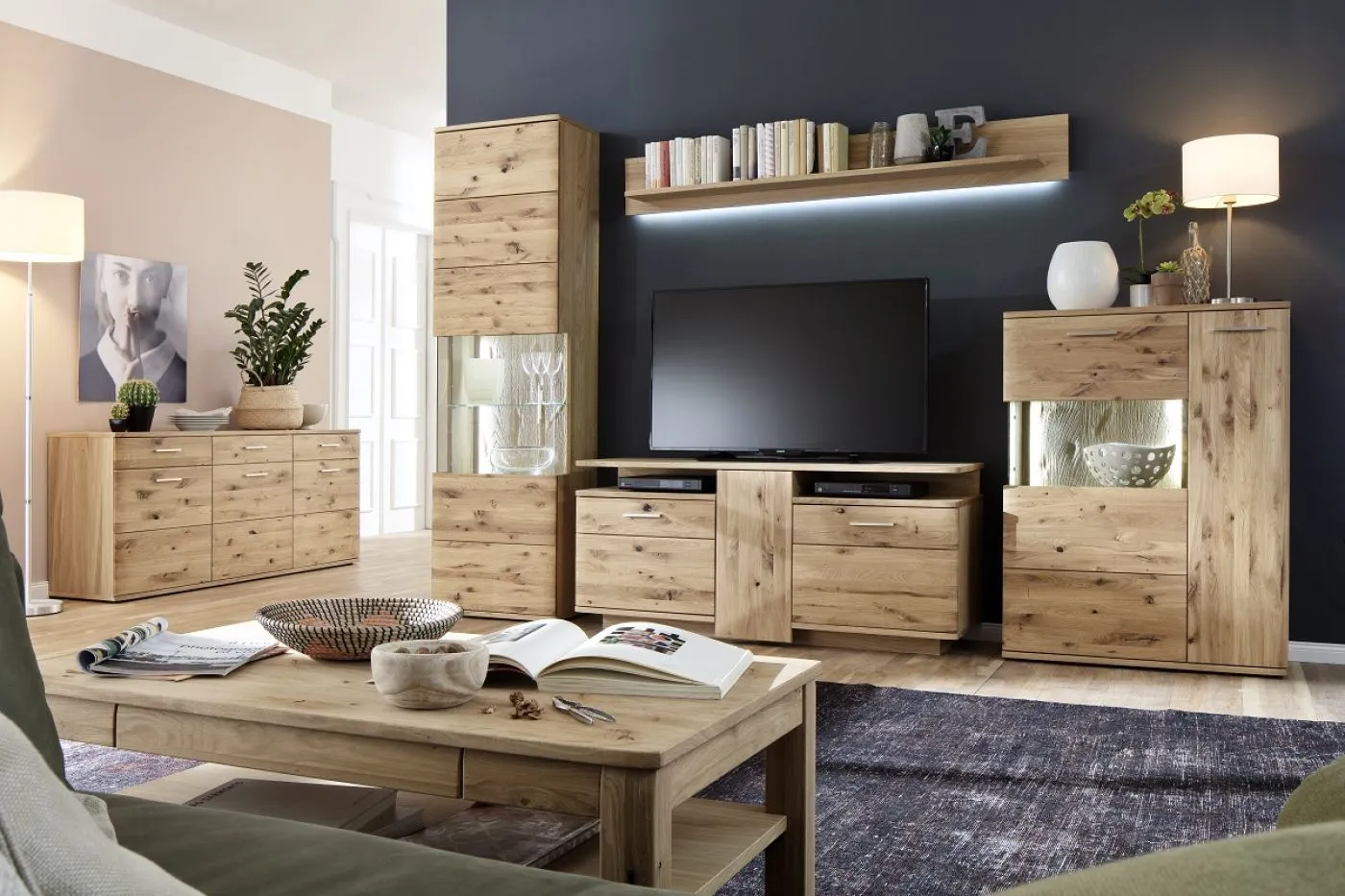 Wohnwand Wohnkombination Santori | Eiche Bianco | 4-teilig | LED Beleuchtung