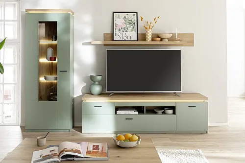 Wohnkombination Moniz | Salbei grün / Eiche Evoke | 3-teilig | LED Beleuchtung