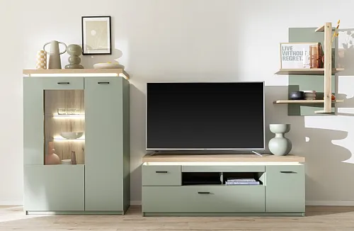Wohnkombination Moniz 1 | Salbei grün / Eiche Evoke | 3-teilig | LED Beleuchtung