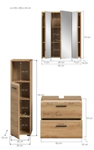 Bad Set Ice 2 | 3-teilig | Artisan Oak mit Badaufsatzleuchte