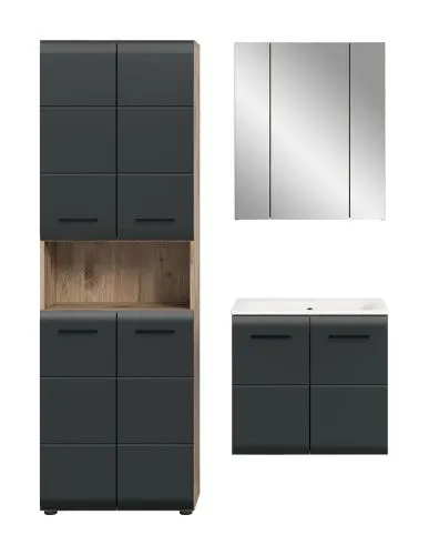 Bad Set Ice 6 | 3-teilig | Nox Oak / schwarz matt mit Badaufsatzleuchte