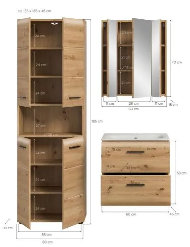 Bad Set Ice 7 | 3-teilig | Artisan Oak ohne Beleuchtung