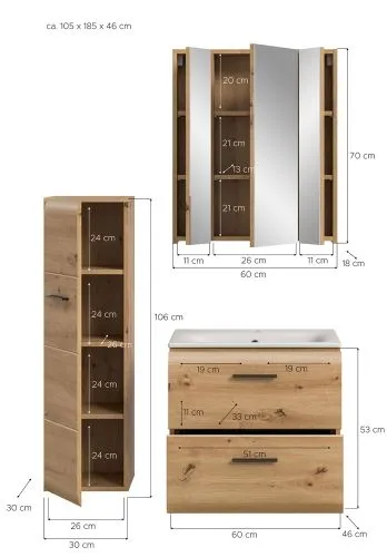 Bad Set Ice 9 | 3-teilig | Artisan Oak ohne Beleuchtung