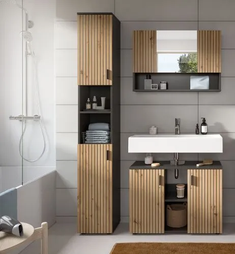 Bad Set Mone | 3-teilig | Basalt grau / Artisan Oak ohne Aufsatzleuchte