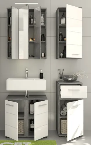 Badezimmer-Set Blake | weiß Hochglanz / rauchsilber | 4-teilig mit Aufsatzleuchte