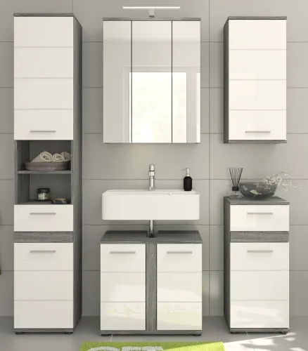 Badezimmer-Set Blake | weiß Hochglanz / rauchsilber | 5-teilig