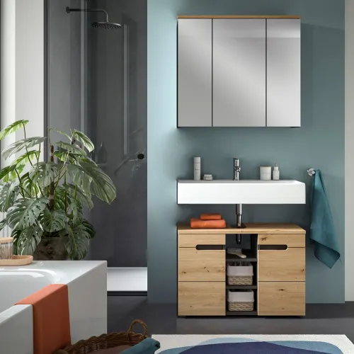 Badezimmer Set Canu 2 | 2-teilig | Artisan Eiche / Basalt grau | mit Aufsatzleuchte