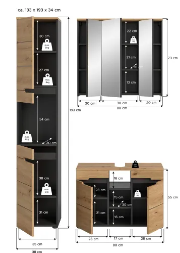 Badezimmer Set Canu 2 | 3-teilig | Artisan Eiche / Basalt grau | optional Beleuchtung