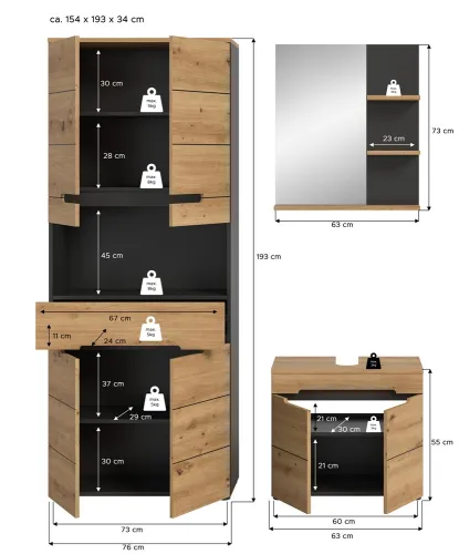 Badezimmer Set Canu 3 | 3-teilig | Artisan Eiche / Basalt grau | optional Beleuchtung