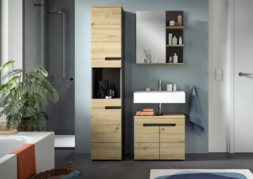 Badezimmer Set Canu | 3-teilig | Artisan Eiche / Basalt grau | mit Aufsatzleuchte