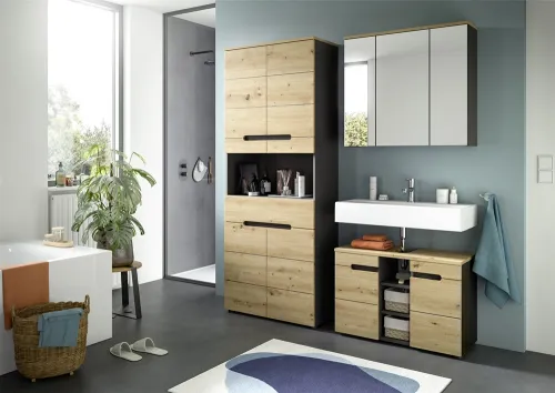 Badezimmer Set Canu 4 | 3-teilig | Artisan Eiche / Basalt grau | mit Aufsatzleuchte