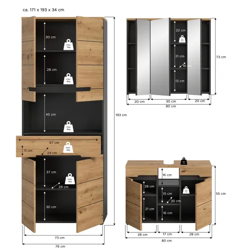 Badezimmer Set Canu 4 | 3-teilig | Artisan Eiche / Basalt grau | ohne Aufsatzleuchte