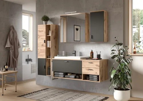 Badezimmer Set Grado | Nox Oak / grau | 3-teilig mit Aufsatzleuchte