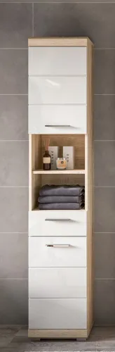 Badezimmer-Set Lambada | weiß Hochglanz / Sonoma Eiche hell | 3-teilig mit Aufsatzleuchte