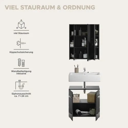 Badezimmer-Set Linus | schwarz Hochglanz | 2-teilig mit Aufsatzleuchte