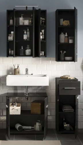 Badezimmer-Set Linus | schwarz Hochglanz | 4-teilig mit Aufsatzleuchte