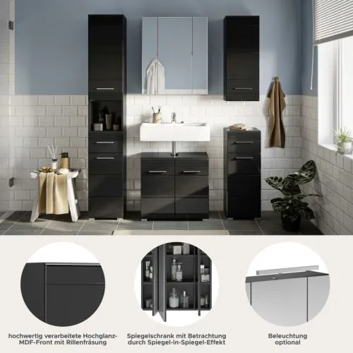 Badezimmer-Set Linus | schwarz Hochglanz | 5-teilig mit Aufsatzleuchte