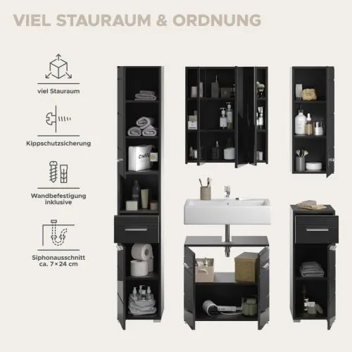 Badezimmer-Set Linus | schwarz Hochglanz | 5-teilig mit Aufsatzleuchte