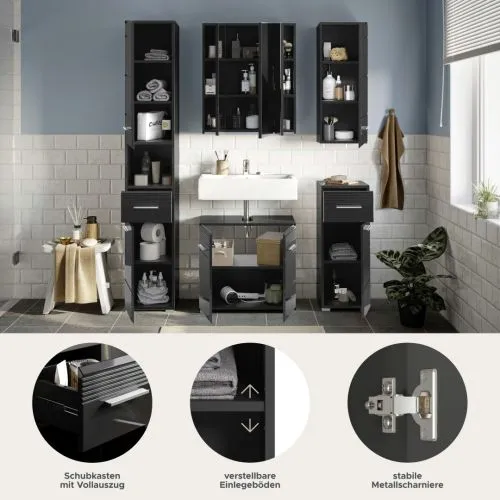 Badezimmer-Set Linus | schwarz Hochglanz | 5-teilig ohne Aufsatzleuchte