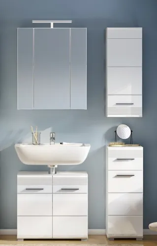 Badezimmer-Set Linus | weiß Hochglanz | 4-teilig mit Aufsatzleuchte