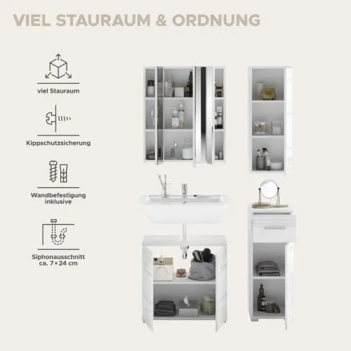 Badezimmer-Set Linus | weiß Hochglanz | 4-teilig mit Aufsatzleuchte