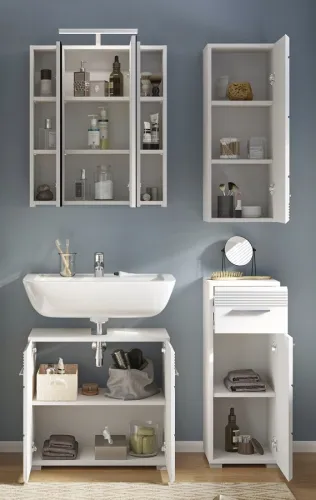 Badezimmer-Set Linus | weiß Hochglanz | 4-teilig mit Aufsatzleuchte