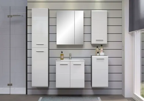 Badezimmer-Set Riva | inkl. Waschbecken | weiß / rauchsilber | 2-teilig mit Aufsatzleuchte