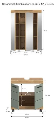 Badezimmer-Set Scout 2 auf Rollen | Salbei / Artisan Eiche | 2-teilig mit Aufsatzleuchte