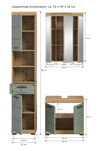 Badezimmer-Set Scout 2 | Salbei / Artisan Eiche | 3-teilig | mit Aufsatzleuchte