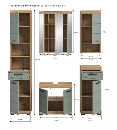 Badezimmer-Set Scout 2 | Salbei / Artisan Eiche | 5-teilig | optional Aufsatzleuchte