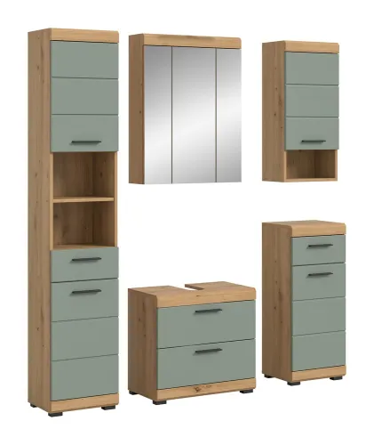 Badezimmer-Set Scout 3 | Salbei / Artisan Eiche | 5-teilig | mit Aufsatzleuchte
