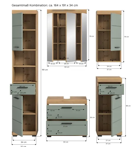 Badezimmer-Set Scout 3 | Salbei / Artisan Eiche | 5-teilig | mit Aufsatzleuchte