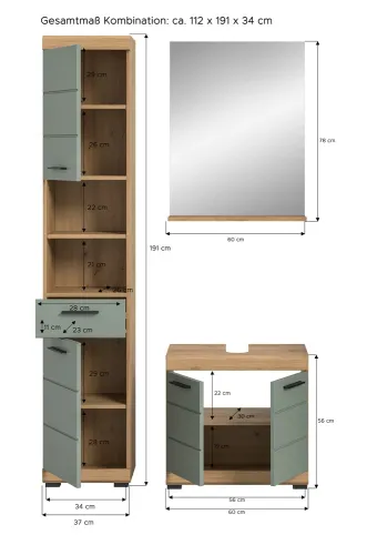 Badezimmer-Set Scout | Salbei / Artisan Eiche | 3-teilig | ohne Aufsatzleuchte