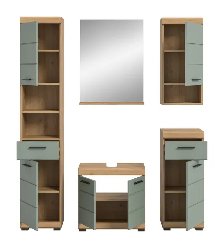 Badezimmer-Set Scout | Salbei / Artisan Eiche | 5-teilig | mit Aufsatzleuchte