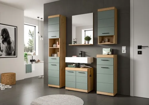 Badezimmer-Set Scout | Salbei / Artisan Eiche | 5-teilig | optional Aufsatzleuchte