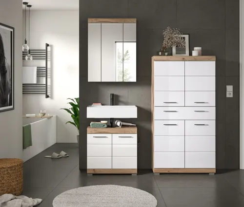 Badezimmer-Set Wave 2 | weiß Hochglanz / Nox Oak | 3-teilig | mit Aufsatzleuchte
