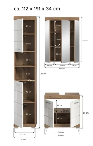 Badezimmer-Set Wave | weiß Hochglanz / Nox Oak | 3-teilig | ohne Aufsatzleuchte