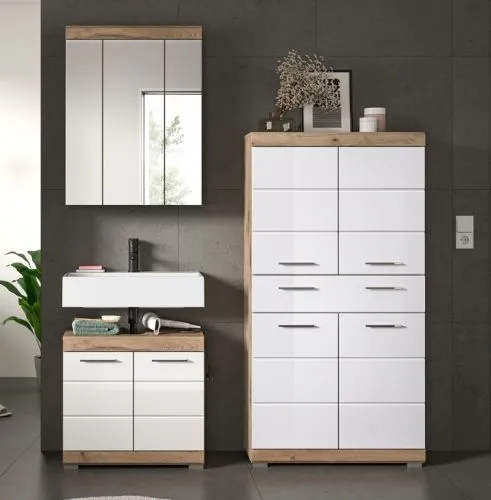 Badezimmer-Set Wave 2 | weiß Hochglanz / Nox Oak | 3-teilig | optional Beleuchtung