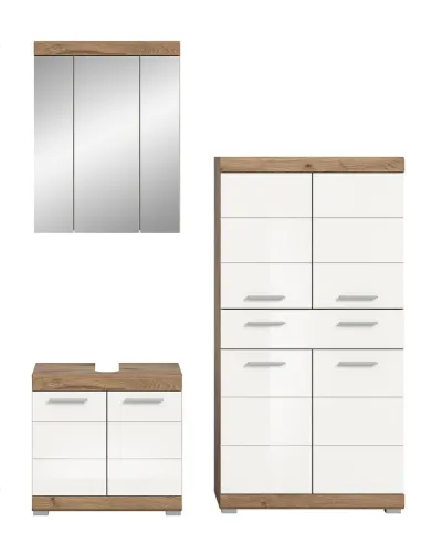 Badezimmer-Set Wave 2 | weiß Hochglanz / Nox Oak | 3-teilig | optional Beleuchtung