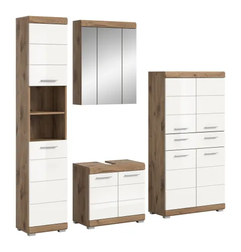 Badezimmer-Set Wave | weiß Hochglanz / Nox Oak | 4-teilig | optional Beleuchtung