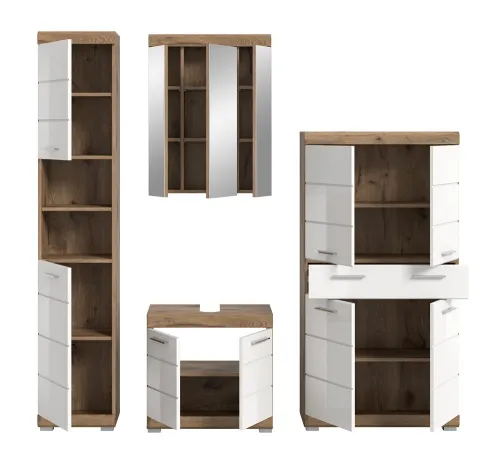 Badezimmer-Set Wave | weiß Hochglanz / Nox Oak | 4-teilig | optional Beleuchtung