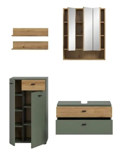 Badkombination Bad Set Aqua | 4-teilig | Sage Green / Evoke Oak mit Aufsatzleuchte