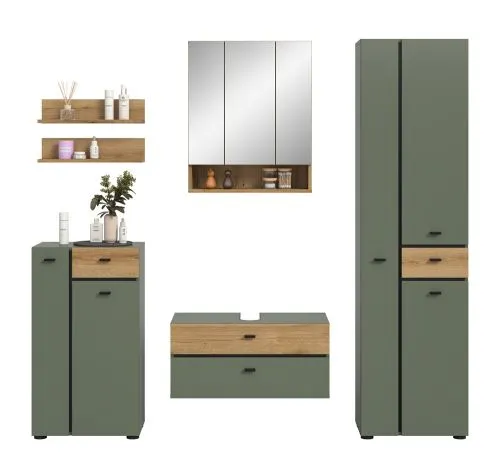 Badkombination Bad Set Aqua | 5-teilig | Sage Green / Evoke Oak mit Aufsatzleuchte