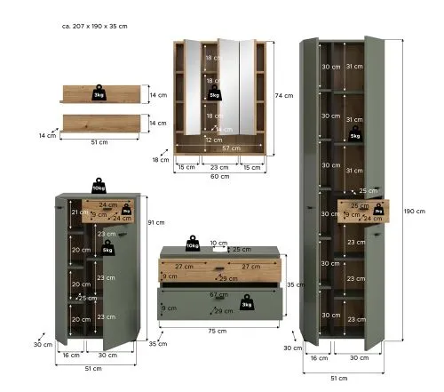 Badkombination Bad Set Aqua | 5-teilig | Sage Green / Evoke Oak mit Aufsatzleuchte
