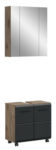 Badkombination Bad Set Ice auf Rollen | 2-teilig | Nox Oak / schwarz mit Aufsatzleuchte