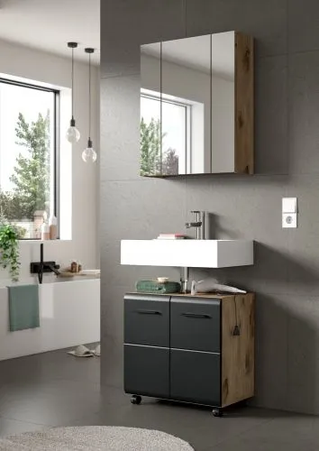 Badkombination Bad Set Ice auf Rollen | 2-teilig | Nox Oak / schwarz mit Aufsatzleuchte
