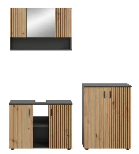 Badkombination Mone 1 | 3-teilig | Basalt grau / Artisan Oak mit Aufsatzleuchte