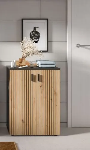 Badkombination Mone 1 | 3-teilig | Basalt grau / Artisan Oak mit Aufsatzleuchte